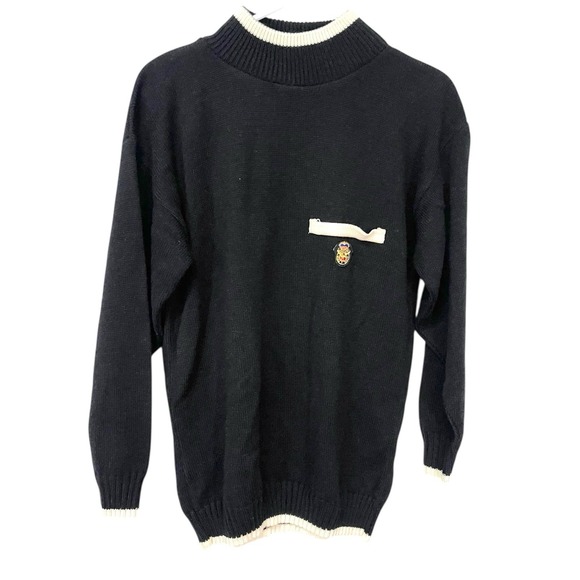 Willow Ridge Sweaters - Vintage Willow Ridge Medium Black Sweter Cream Hemlines Embroidered Old Money